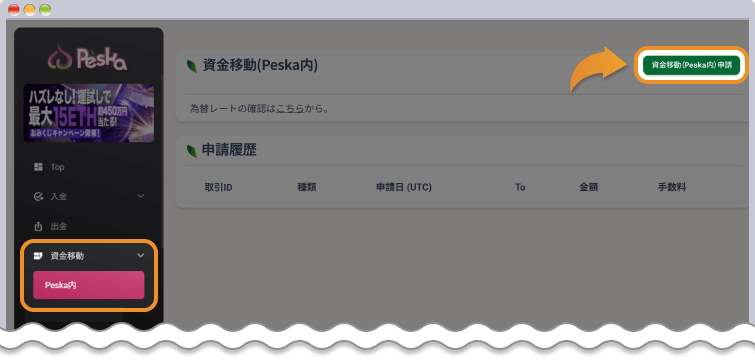 金移動メニューを開き、Peska内資金移動をクリックする