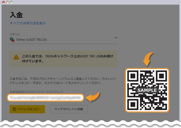 USDT TRC20のウォレットアドレスが表示される