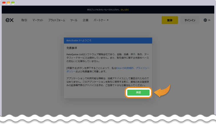 ウェブターミナルの免責事項を確認して承認をクリックする