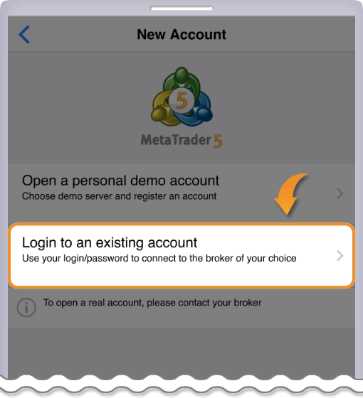 Login to an existing account（既存口座にログインする）をタップする