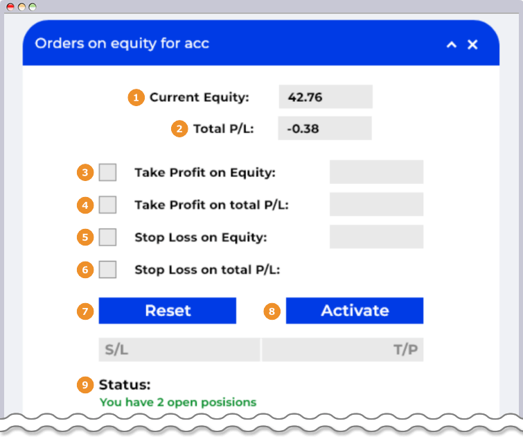 有効証拠金への注文ツールの設定画面