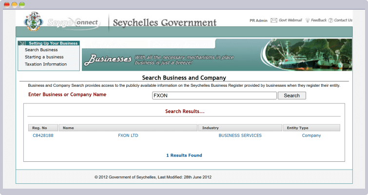 セーシェル共和国の登記情報でFXONの所在を確認可能