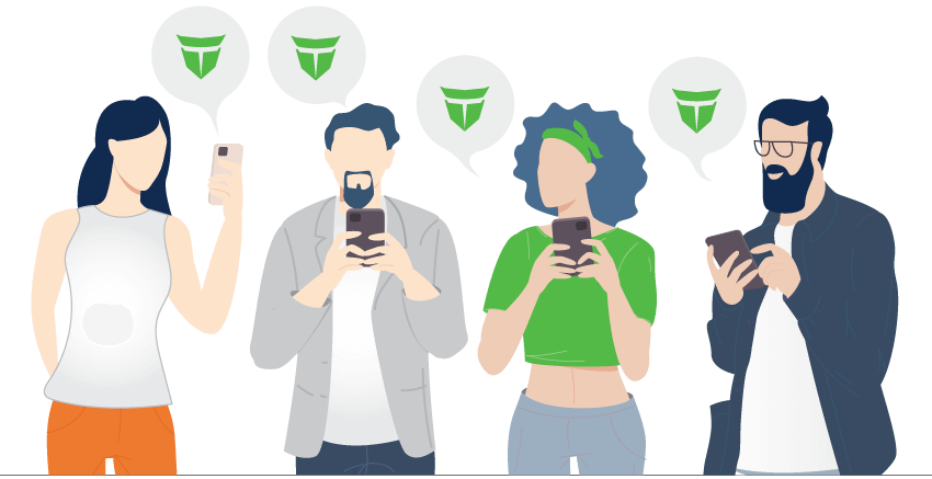 ４人がスマホでTitan FXを紹介合っているイラスト