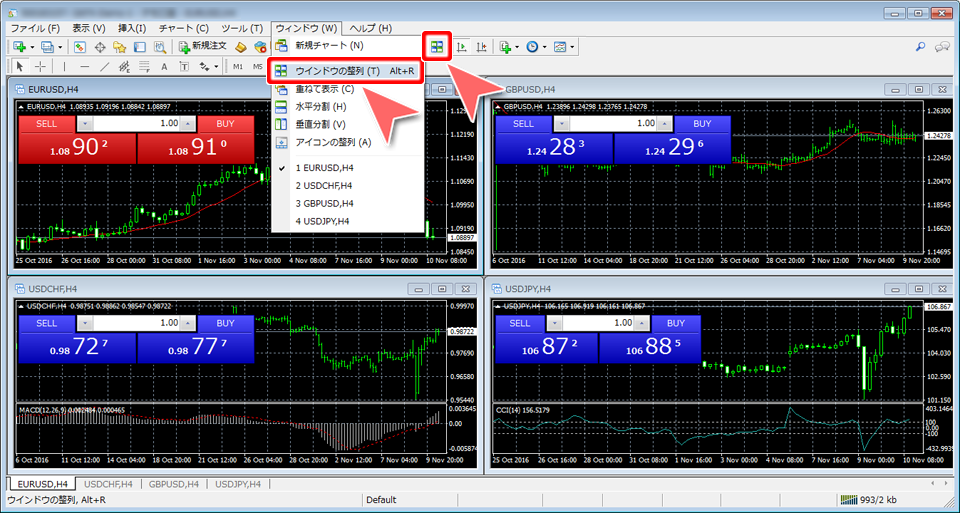 「ウインドウの整列」チャート表示設定画面
