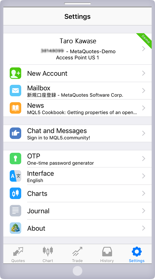 言語設定後の「設定」画面