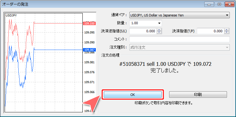 「オーダーの発注」注文完了後のMetaTrader4画面
