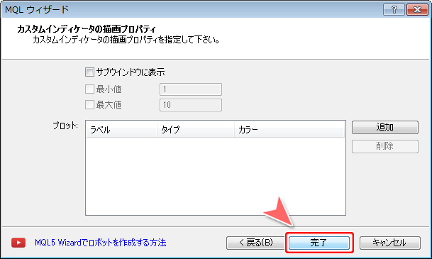 「カスタムインディケータの描画プロパティ」画面