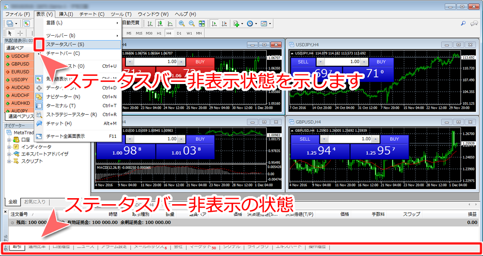MetaTrader4 ステータスバー非表示設定時の状態