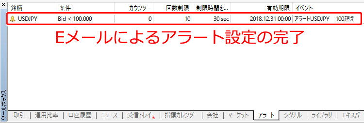ツールボックス アラート設定完了画面