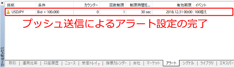 ツールボックス アラート設定完了画面