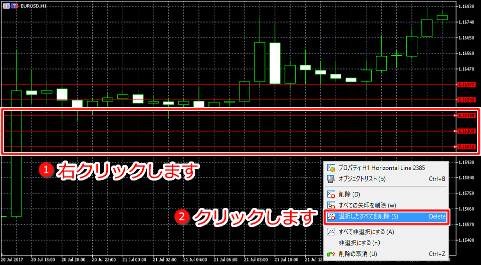 MetaTrader5 選択した複数のオブジェクトをチャート内から削除する方法