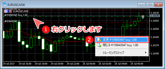 MetaTrader5 チャートウインドウからの決済指値・決済逆指値取消方法