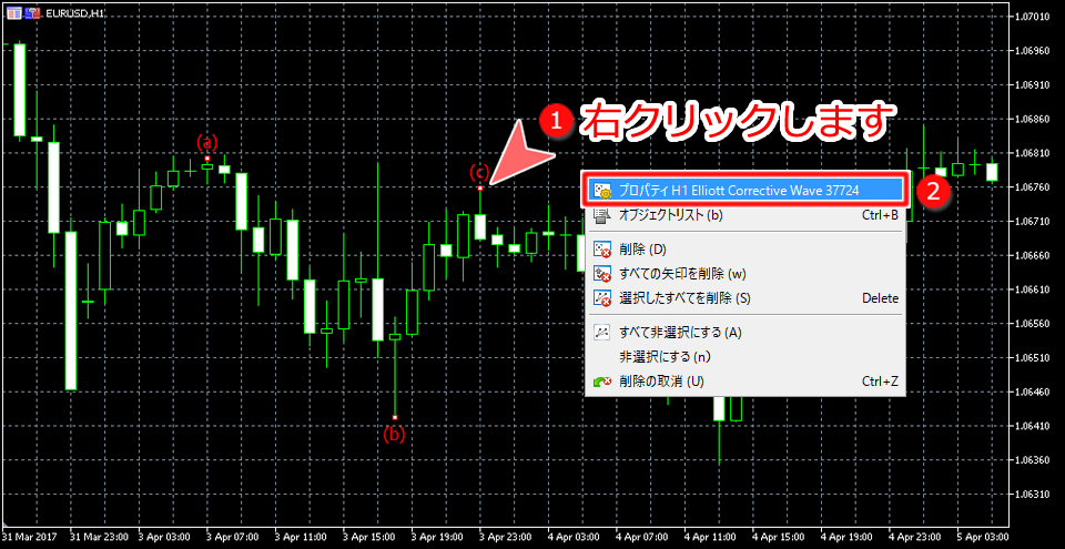 MetaTrader5 エリオット修正波プロパティ表示画面