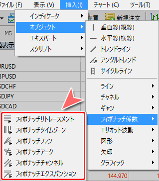 メニューバーからの「フィボナッチ係数」コマンド選択方法