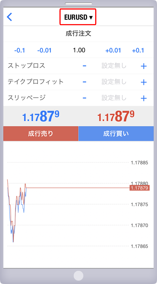「オーダーの発注」パネル 通貨ペア指定画面