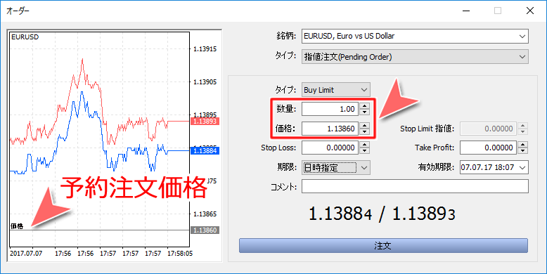 「オーダー」数量・注文価格設定画面