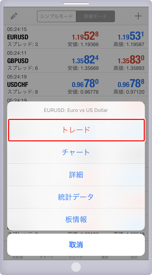 気配値画面からのトレード選択方法