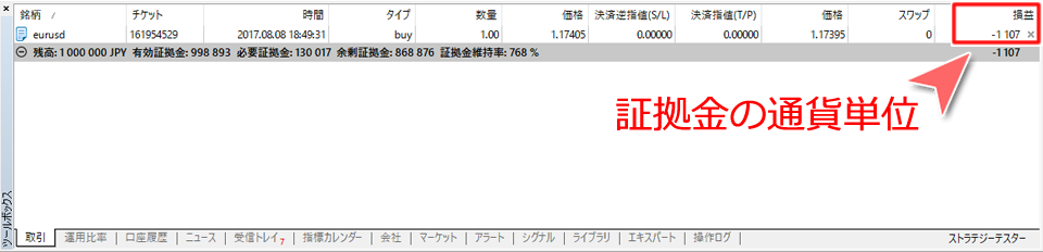 ツールボックス内「取引」タブ 損益表示(証拠金通貨の表示)