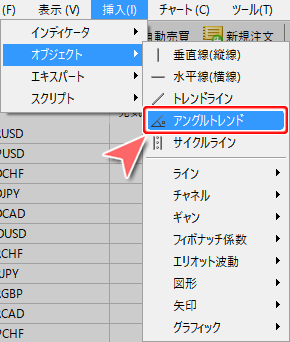 メニューバーからの「アングルトレンド」コマンド選択方法
