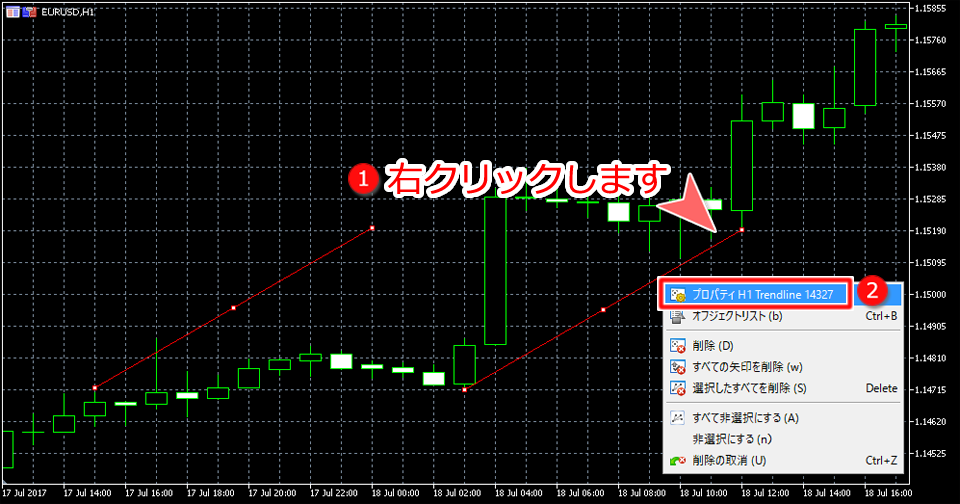 MetaTrader5 トレンドラインプロパティ表示画面